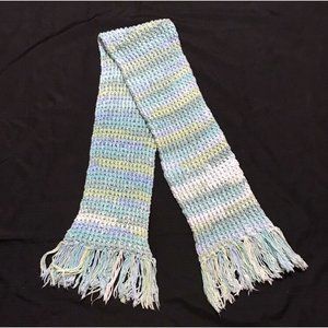 Handmade Long Thick Crochet Scarf With Fringes Green Blue Cold Colors